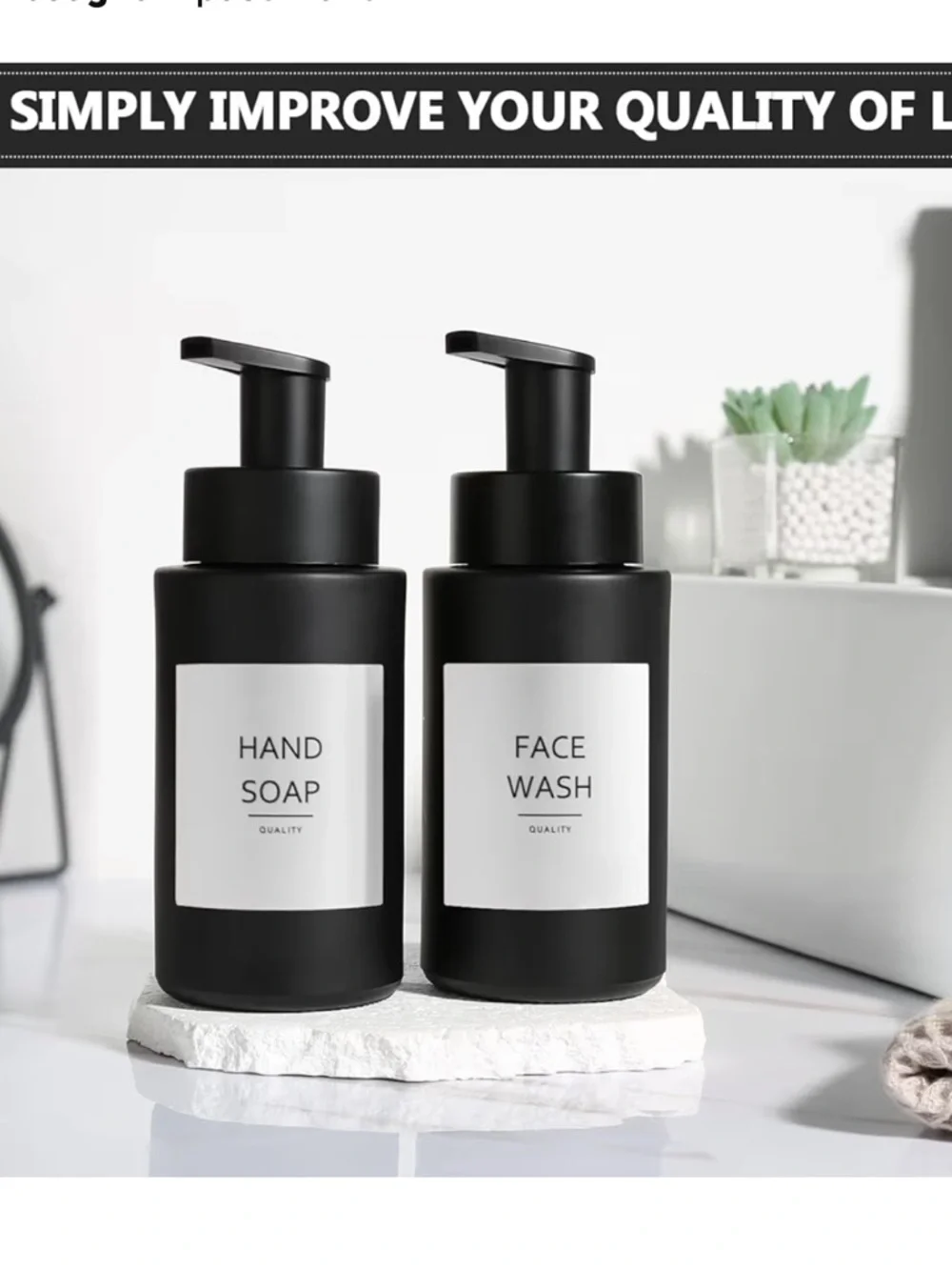 Matte Black Foaming Soap Dispenser Set of TWO 10 oz/300ml Waterproof Labels